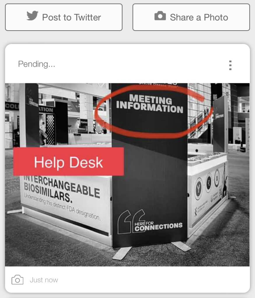 Attendee Support with Annotated photo of help desk for mobile event app activity feed