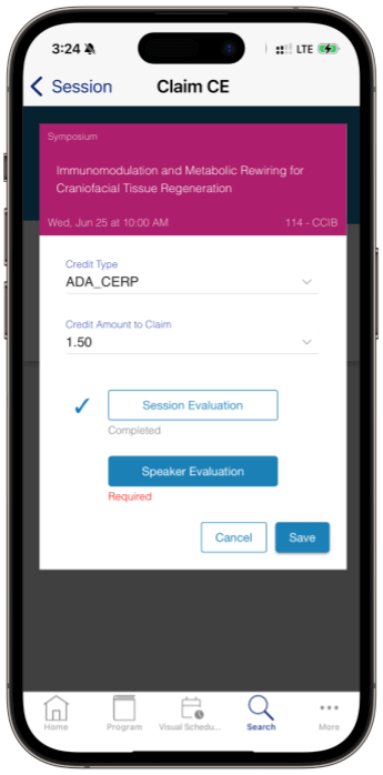 iPhone IADR medical credit CE tracking in EventPilot conference app