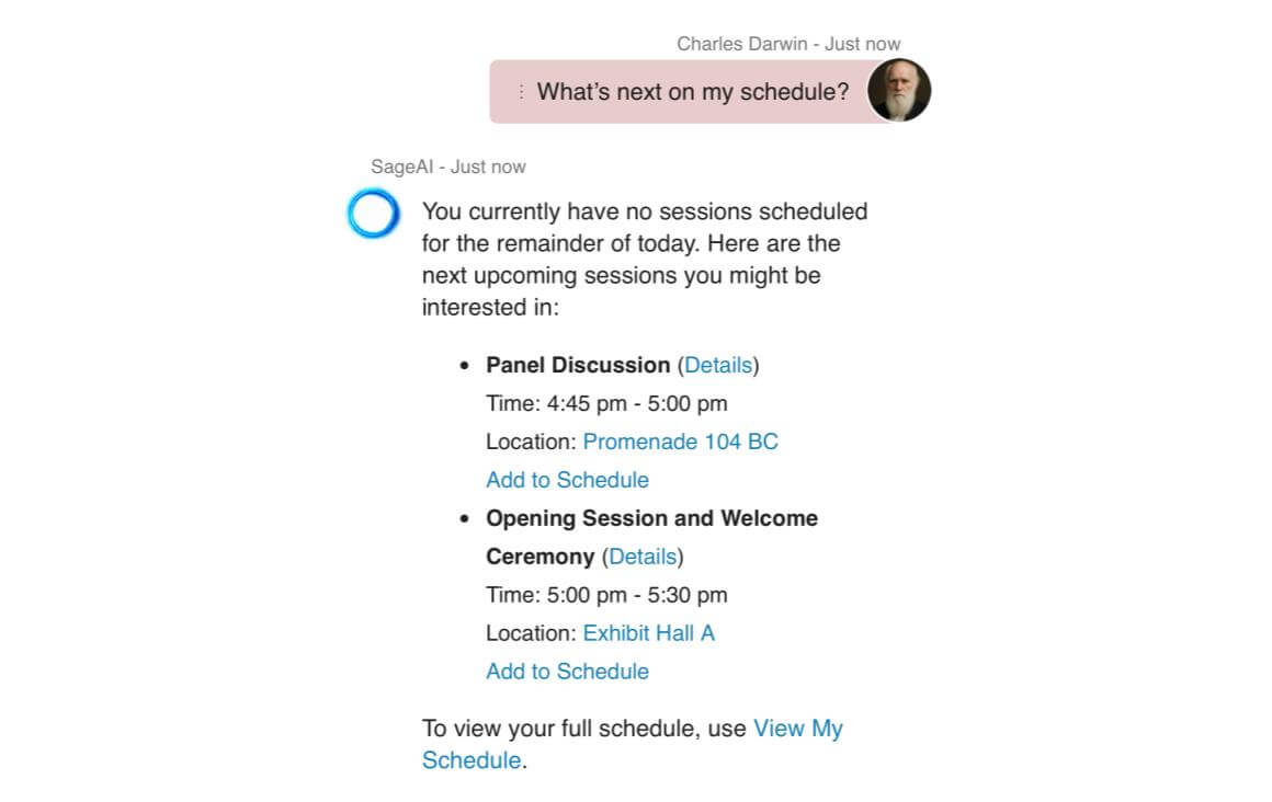 AI Assistant in event app: What's next on my schedule? Suggestions if nothing on schedule