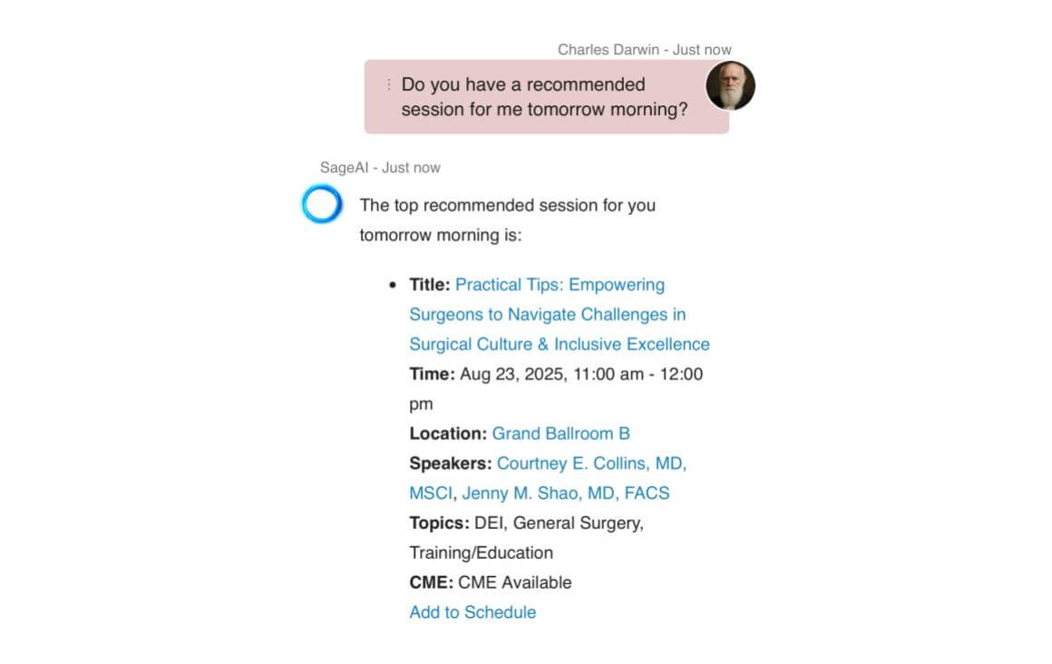 AI Assistant in event app: Do you have a recommended session for me tomorrow morning? (personalized recommendations)