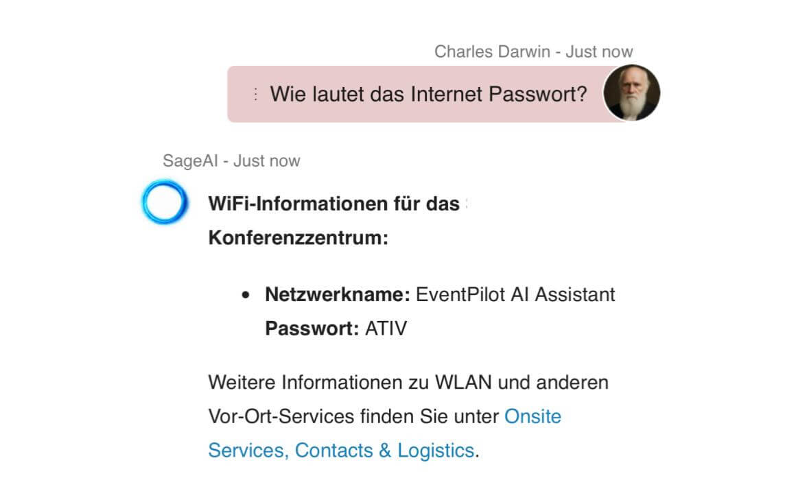AI Assistant in event app: Wie lautet das Internet Passwort? (onsite services questions in different language / multilingual)